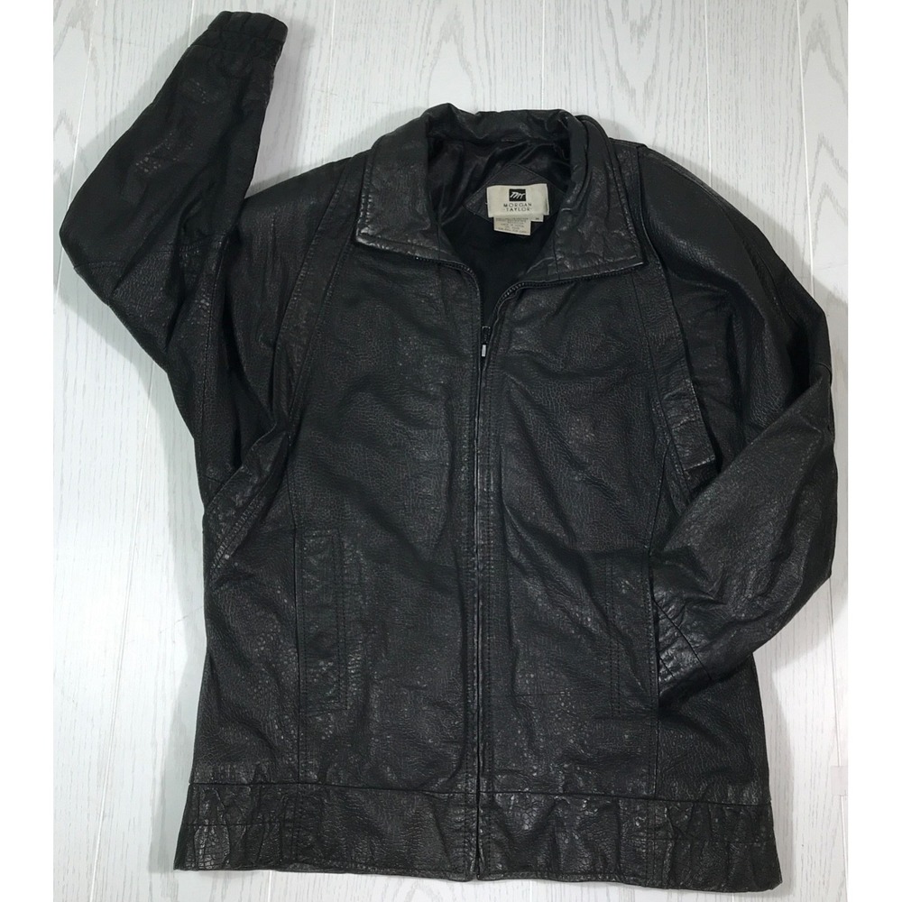 Vintage 90s Black Leather Jacket Women Medium Morgan Taylor Full Zip Goth Grunge